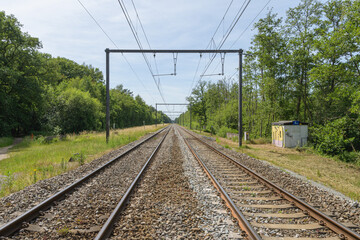 lines perspective countryside railway tracks green trees sunny sky