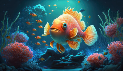Naklejka na ściany i meble Animals of the underwater sea world. Ecosystem. Yellow tropical fish. Life in the coral reef. (ai generated)