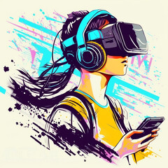 Concept of virtual reality technology, graphic of a teenage gamer wearing VR head - mounted playing game.