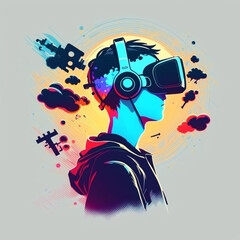 Concept of virtual reality technology, graphic of a teenage gamer wearing VR head - mounted playing game.