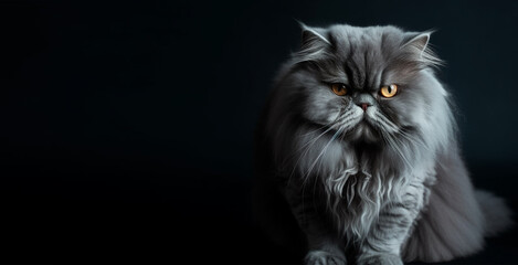 portrait of gray persian cat. black background. with copy space. generative ai