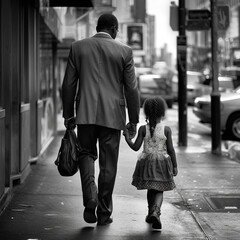 Father in business suit walking with his child. Daughter To School Along Path in the city Happy Father's Day concept background, Love family