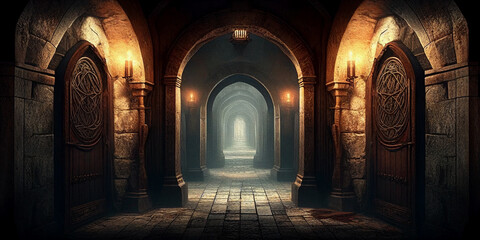The corridor of an ancient castle. (AI)