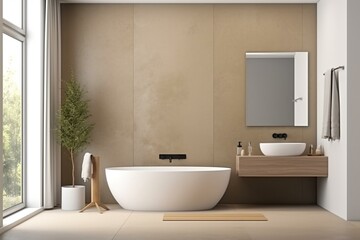 Fototapeta na wymiar Elegant bathroom with beige walls and concrete floor, standing white bathtub and sink with vertical mirror. Generative AI