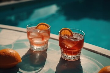 Handcrafted Cocktail Drink With Orange By Pool