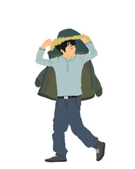 Raining day, boy cover with jacket protect of rain vector illustration. Child with wet clothes and shoes during bad weather. Teenager covered against wind and raining storm. Outdoor walking trouble.