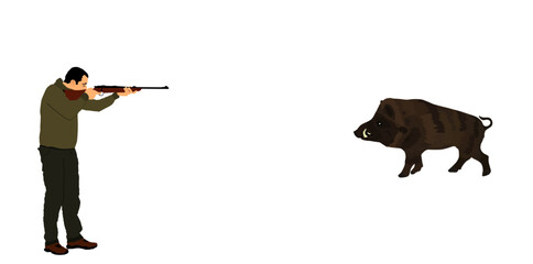 Aiming hunter man with shotgun rifle shooting wild boar vector illustration isolated on white background. Outdoor hobby  hunting male hog. Shooter kill animal outdoor sport hobby. Male primal instinct