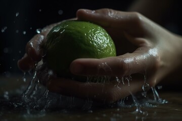 Hands of woman washing ripe limes under faucet in the sink kitchen. made with generative AI