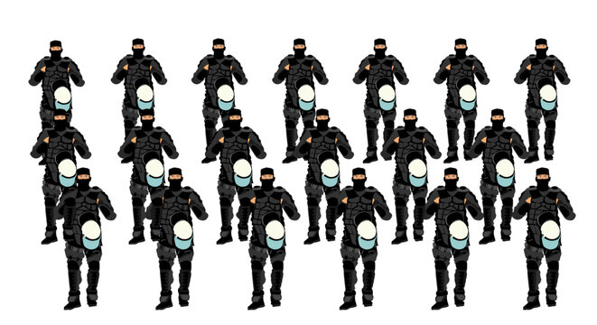 Special police unit SWAT team officer vector illustration isolated white. Team work force policeman. Gendarme anti terrorism squad. Soldier against demonstration, trellis row of public law and order.