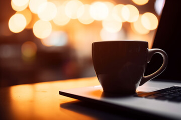 Obraz premium A close-up of a coffee cup and a laptop on a table with bokeh lights, portraying a productive work environment - business concept, bokeh Generative AI