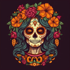 Painted colorful Cinco de Mayo skulls in a vibrant Mexican style with a bouquet of traditional flowers. Generative AI technology.