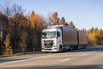 Fototapeta na wymiar Truck is driving through the forest in autumn. Car transport . Truck with semi-trailer in gray color.