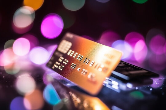 A close-up of a credit card with bokeh lights, symbolizing online transactions and e-commerce in business - business concept, bokeh Generative AI