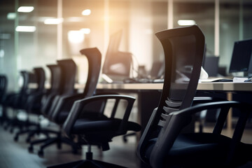 Fototapeta premium A series of office chairs and desks with blurred bokeh lights, portraying a professional work environment - business concept, bokeh Generative AI