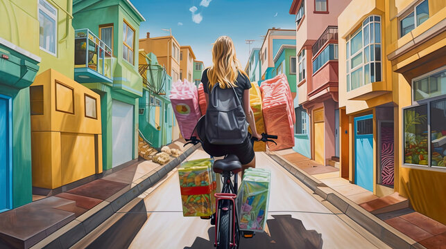 Woman on a cargo bike with lots of boxes, parcels and groceries cycles on a bike only street, AI generative illustration of low impact lifestyle