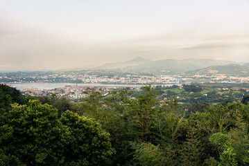 Panoramic top view of two countries, the town of Hondarribia in Spain and Hendaye in France separated by the Bidasoa river as a border, Basque Country, Hondarribia, Guipuzcoa, Basque Country, Spain