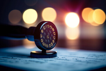 A close-up of a document being stamped with a seal or signature, with bokeh lights in the backdrop, representing business authorization and validation - business concept, bokeh Generative AI
