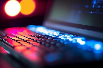 A close-up of a laptop keyboard with bokeh lights, representing technology and digital work in business - business concept, bokeh Generative AI