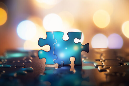 An abstract close-up of a puzzle piece fitting into a larger puzzle with bokeh lights, symbolizing business strategy and collaboration - business concept, bokeh Generative AI