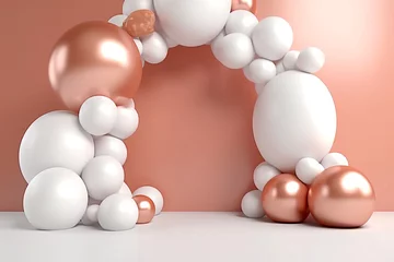 Fotobehang Fundo 3D com ouro rosa e balões glam branco palco arco redondo. apresentação da festa. maquete 3d render maquete de espaço de cópia de anúncio. evento © Alexandre