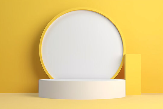 Fundo 3D com pódio de cilindro amarelo e branco realista. Cena mínima da parede em forma de arco. Exibição de produto de maquete pastel. Palco redondo para vitrine. renderização de vetor abstrato 3D
