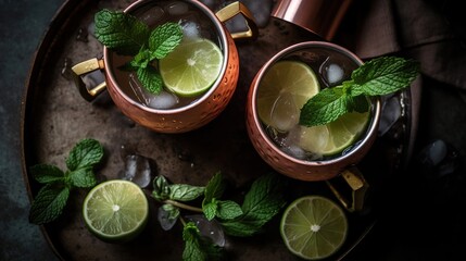 Overhead View of Cocktail Drinks in Copper Mugs With Lime and Mint