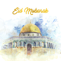 Islamic greetings card eid mubarak with watercolor of the dome the rock background, Jerusalem.