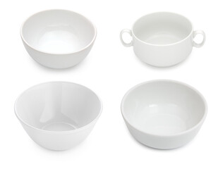 Set of four porcelain soup or salad bowls, tureen isolated on a white background
