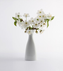 Blooming flower branch in vase on light background. Minimalist still life.