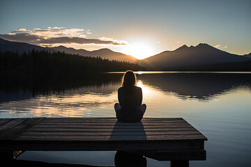 Uma mulher sentada em uma doca observando o pôr do sol sobre uma cordilheira ao longe com um lago em primeiro plano e montanhas ao fundo