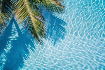Fototapeta na wymiar Ondas do Aqua e sombra de coqueiro no fundo azul. Vista superior da textura da piscina de água. Projeto de maquete de verão tropical. férias de luxo