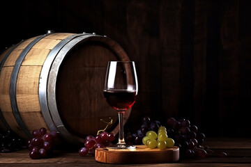 Barril de vinho com taça de vinho, fundo do conceito de vinícola