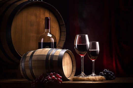 Barril de vinho com taça de vinho, fundo do conceito de vinícola