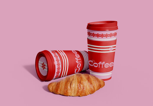 Coffee Cups and Croissant Mockup 
