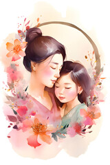 Fototapeta premium Japanese mother with daughter and flowers around, watercolor, Mother's Day, Generative AI 3