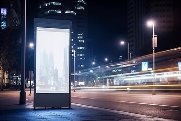 Cartaz de outdoor digital vertical branco em branco no sinal de parada de ônibus de rua da cidade à noite, fundo urbano desfocado com arranha-céus, pessoas, maquete para propaganda