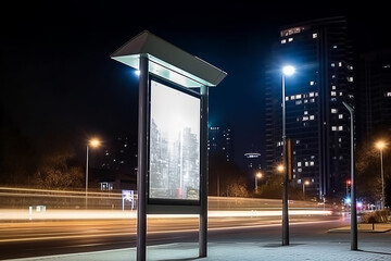 Cartaz de outdoor digital vertical branco em branco no sinal de parada de ônibus de rua da cidade à noite, fundo urbano desfocado com arranha-céus, pessoas, maquete para propaganda - obrazy, fototapety, plakaty
