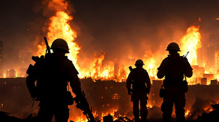 Fototapeta premium Generative AI ilustration of soldiers walking trough burning Battlefield