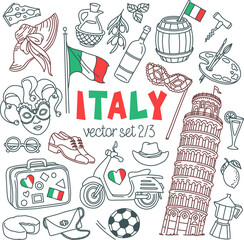 Italy doodle set. Italian landmarks, cities and cuisine. Vector drawings isolated on white background. Outline stroke is not expanded, stroke weight is editable