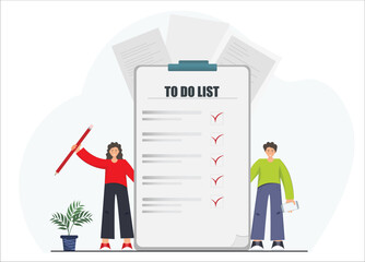 People checking to do list, planning business, management concept, check list for studying, flat vector illustration