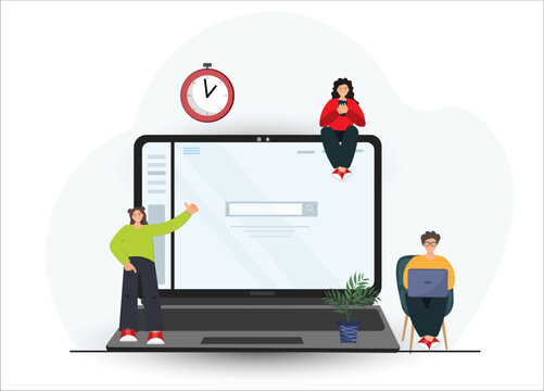 People searching information on the web site at the laptop, downloading files to the computer, surfing internet, freelance work concept, online learning concept, flat vector illustration