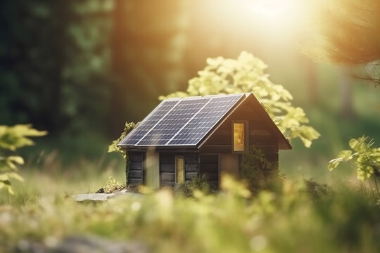 Imagem do conceito de uma pequena casa na natureza. Ideia de ecologia, energia solar e sustentabilidade