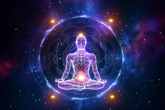 Conceito de medita&ccedil;&atilde;o e pr&aacute;tica espiritual, expans&atilde;o da consci&ecirc;ncia, chakras e ativa&ccedil;&atilde;o do corpo astral, imagem de inspira&ccedil;&atilde;o m&iacute;stica