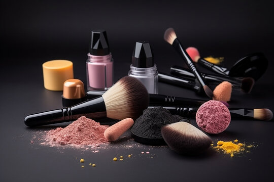 Cosm&eacute;ticos decorativos com pincel de maquiagem e esponjas em fundo cinza