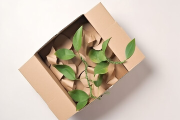 Conceito ecológico com broto de folhas verdes crescendo em caixa de papelão da vista superior do papel artesanal. Sem plástico, zero desperdício, estilo de vida sustentável e energia renovável