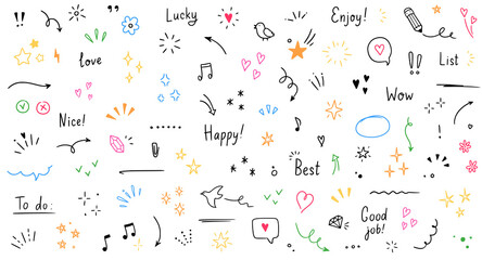 Doodle cute glitter pen line color elements. Doodle heart, arrow, star, sparkle decoration symbol set icon. Simple sketch line style emphasis, attention, pattern elements. Vector illustration