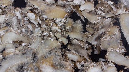 Melting ice in the spring on a lake in the Canadian forest in Quebec