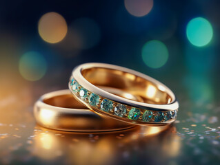 Obraz na płótnie Canvas two golden wedding rings set against a blurred background, generative ai