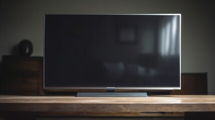 Blank smart TV screen on wooden table close-up realistic. Al generated