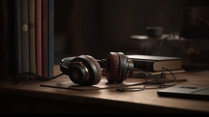 Plakat Books and headphones on a wooden table realistic photorealistic. Al generated